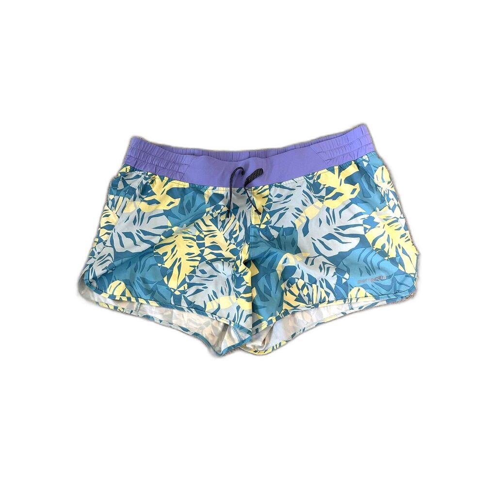 Patagonia Nine Trails Running Shorts Womens Large Monstera Palm Leaf Blue Yellow
